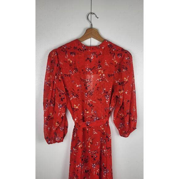 Nanette Lepore Pleated Floral Red Midi Dress Waist Tie | Medium 8 - Picture 9 of 10